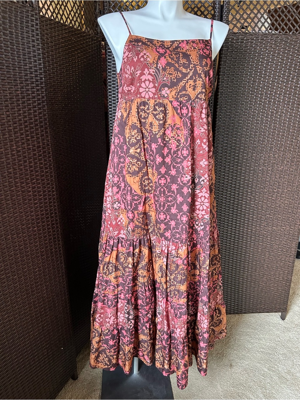Sundance Boho Pink and Brown Printed Spaghetti-Strap Maxi Dress